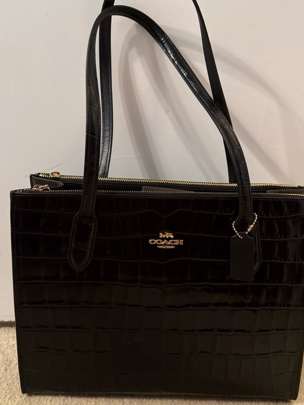 Coach Black Croc-Embossed Patent Leather Tote with Gold Accents